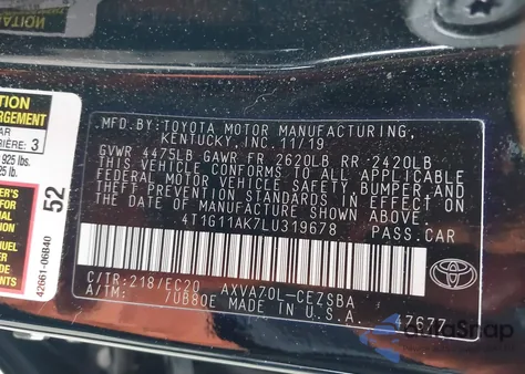 2020 Toyota Camry Se Nightshade Edition z USA, uszkodzony, nr VIN 4T1G11AK7LU319678